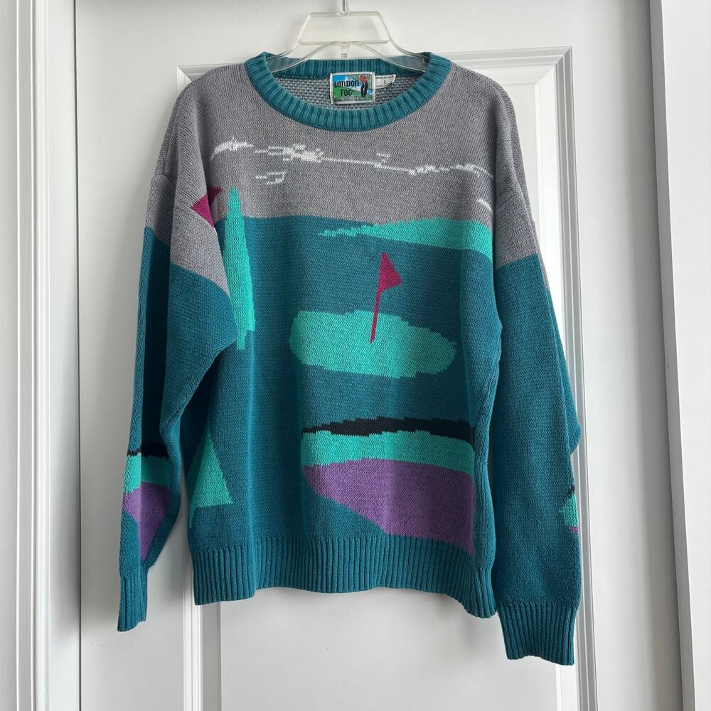 VTG London Fog Golf Sweater Men's Large Made in USA 100% Cotton Intarsia Knit